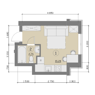 Однокімнатна квартира 1к тип 3