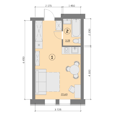 Однокімнатна квартира 1к тип 6б